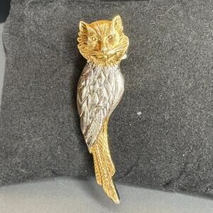 Vintage Owl Brooch Cat Head Bird Body Gold and Silver Brooch Signed 2.25"